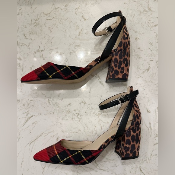 Marc Fisher Shoes - Marc Fisher Tartan Plaid Leopard Ankle Strap Block Heels 6
